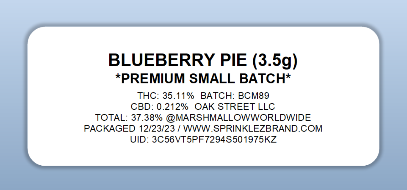 Blueberry Pie Marshmallow Mylar Bags Sprinklez Torch World UID Label