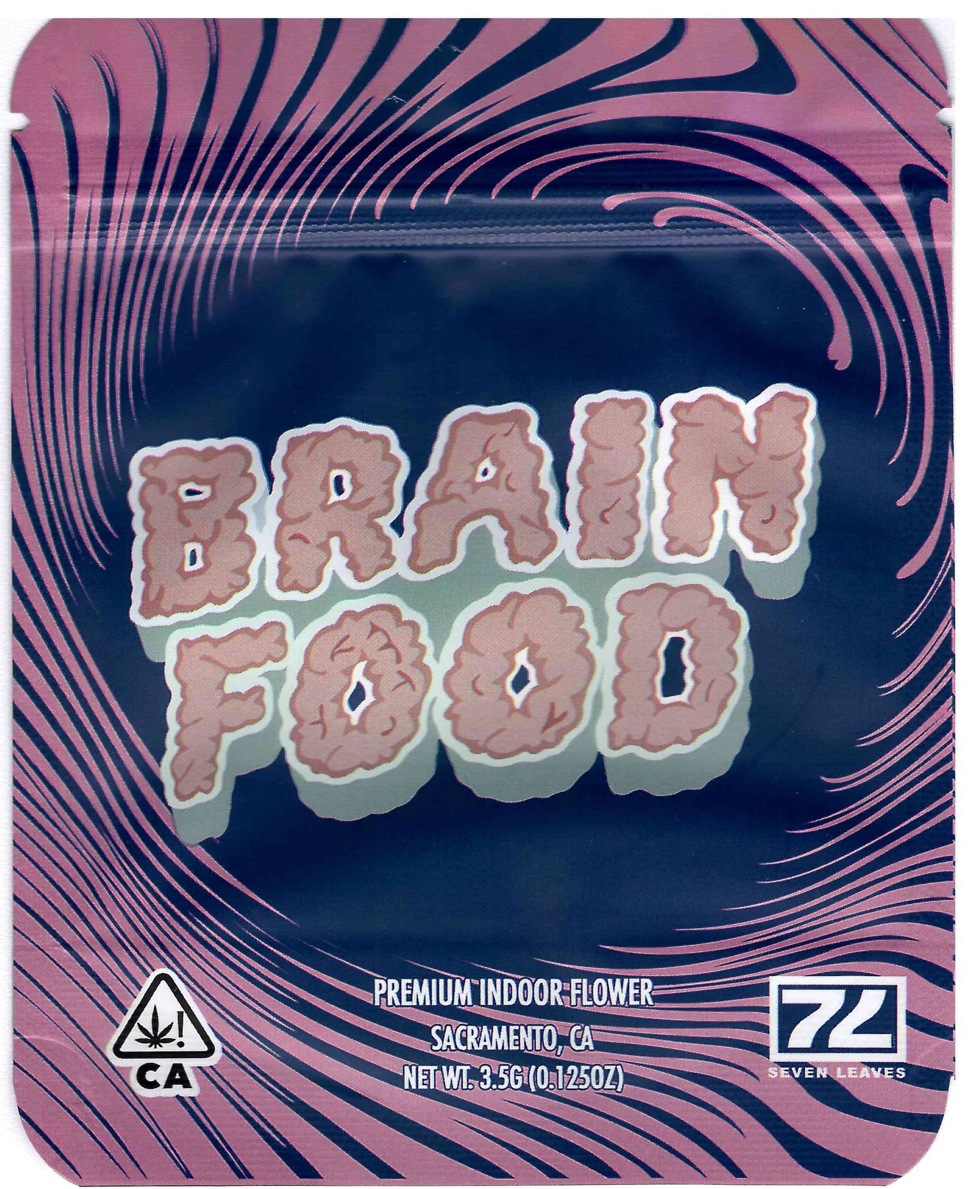 Brain Food Mylar Bags 3.5g Grams Seven Leaves MYLAR BAG WITH PRINTED GUSSET front