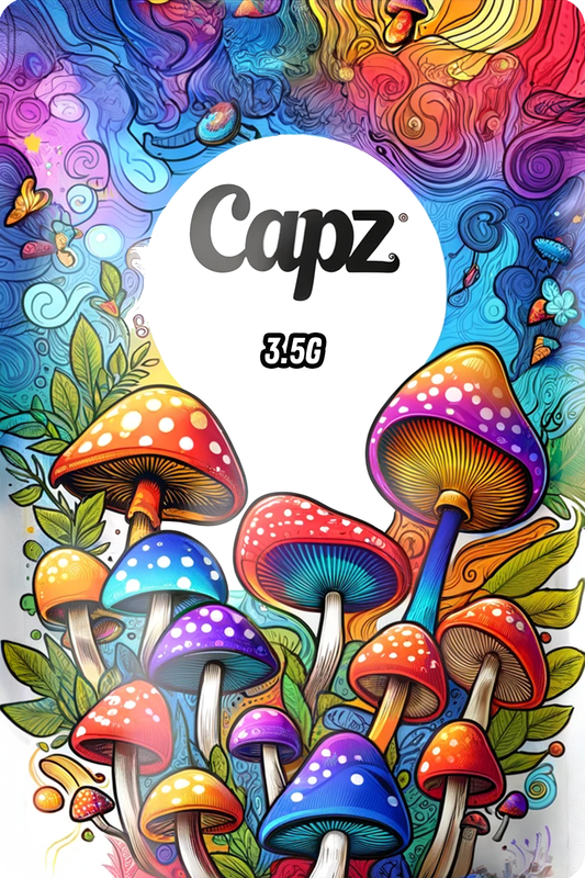 Capz 3.5g Mushroom Mylar Sticker Bags