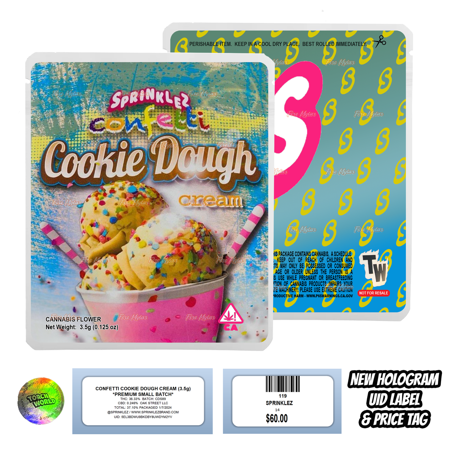 Confetti Cookie Dough Cream 3.5g Mylar Bags Sprinklez Torch World