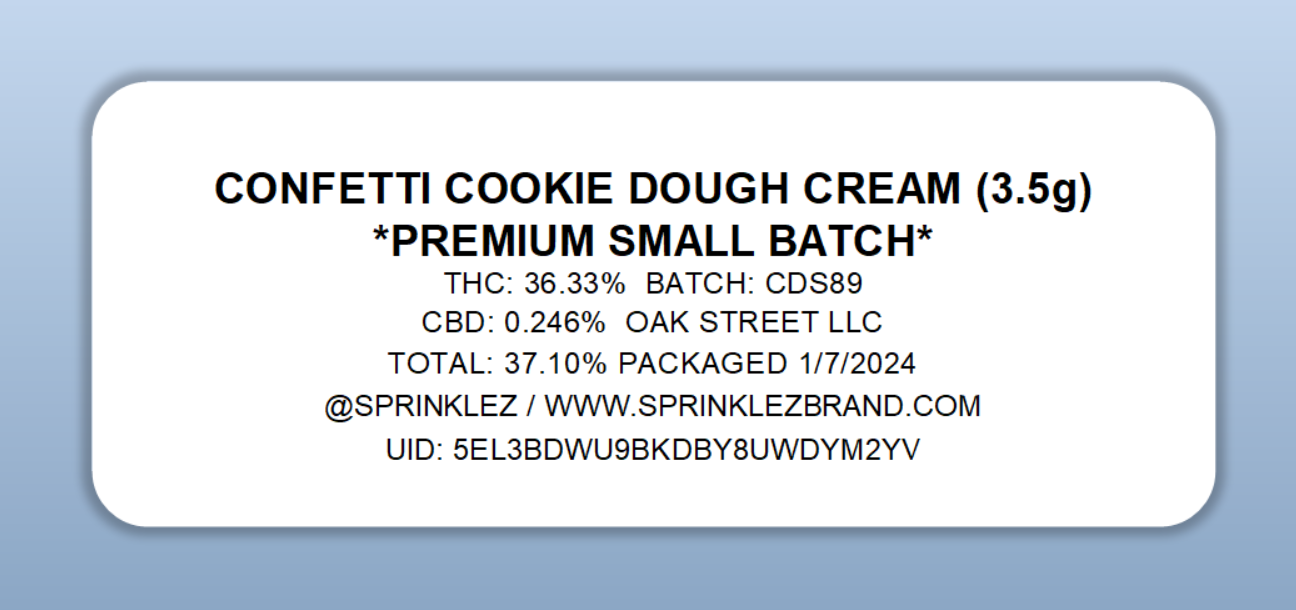 Confetti Cookie Dough Cream Mylar Bags Sprinklez Torch World UID Label