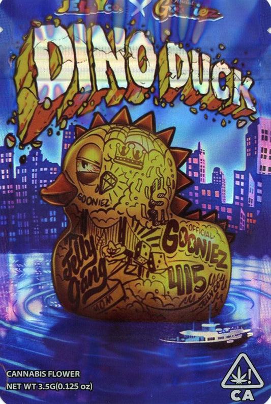 Dino Duck Mylar Bags 3.5g Grams Gooniez Teds Budz Jelly Co. HOLOGRAPHIC MYLAR BAG, MYLAR BAG WITH SPOT UV EFFECTS, MYLAR BAG WITH PRINTED GUSSET front