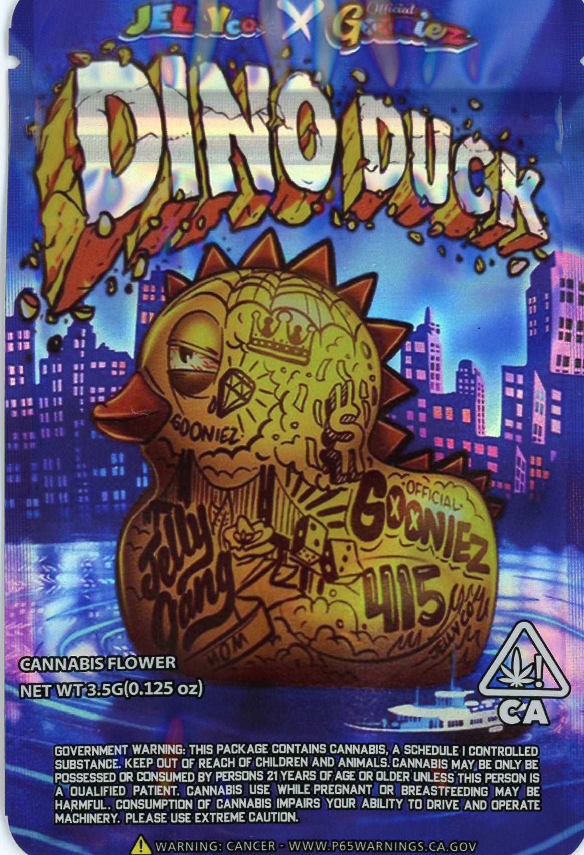 Dino Duck Mylar Bags 3.5g Grams Gooniez Teds Budz Jelly Co. HOLOGRAPHIC MYLAR BAG, MYLAR BAG WITH SPOT UV EFFECTS, MYLAR BAG WITH PRINTED GUSSET back