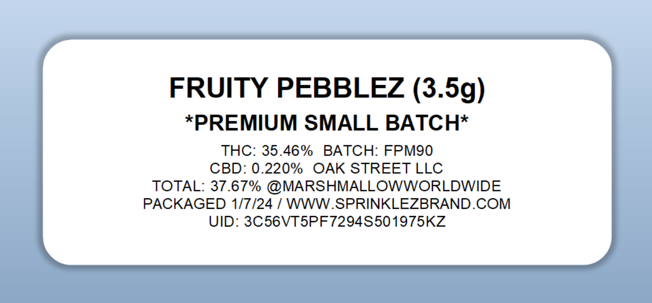 Fruity Pebblez Marshmallow Mylar Bags Sprinklez Torch World UID Label