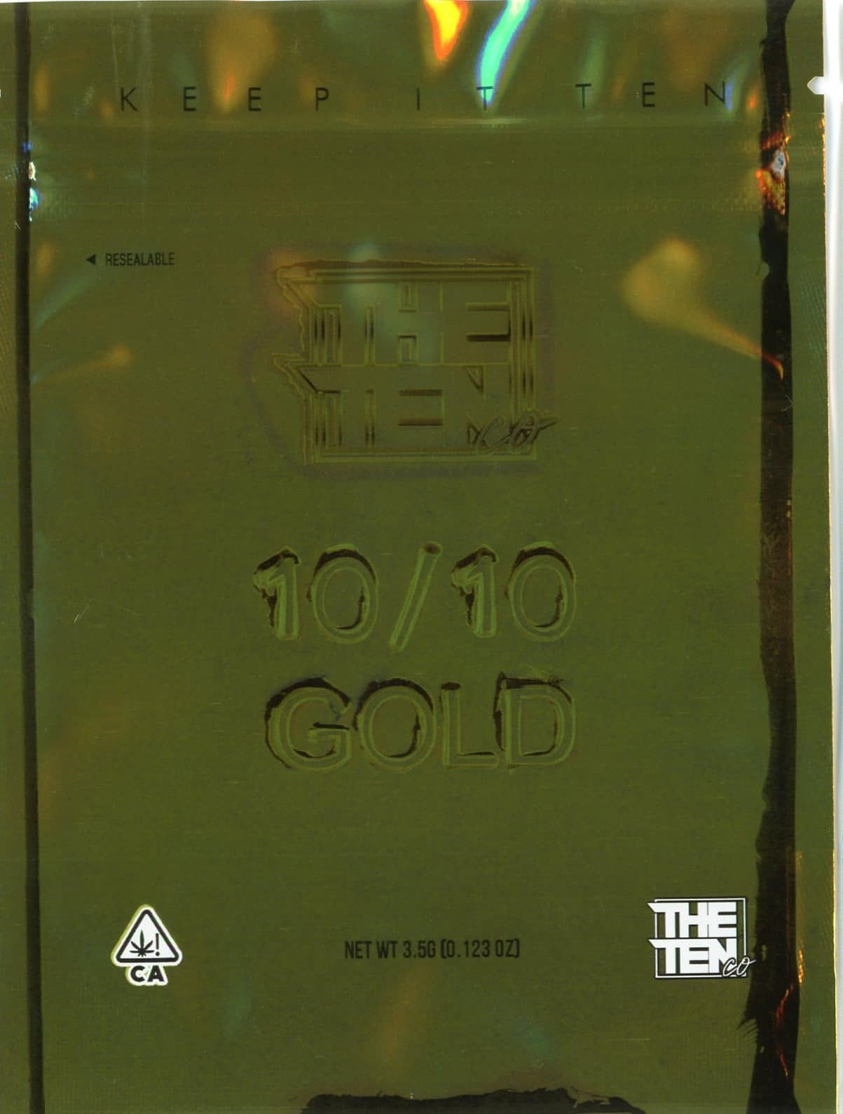 Gold Mylar Bags 3.5g Grams The Ten Co MYLAR BAG WITH PRINTED GUSSET, HOLOGRAPHIC MYLAR BAG front