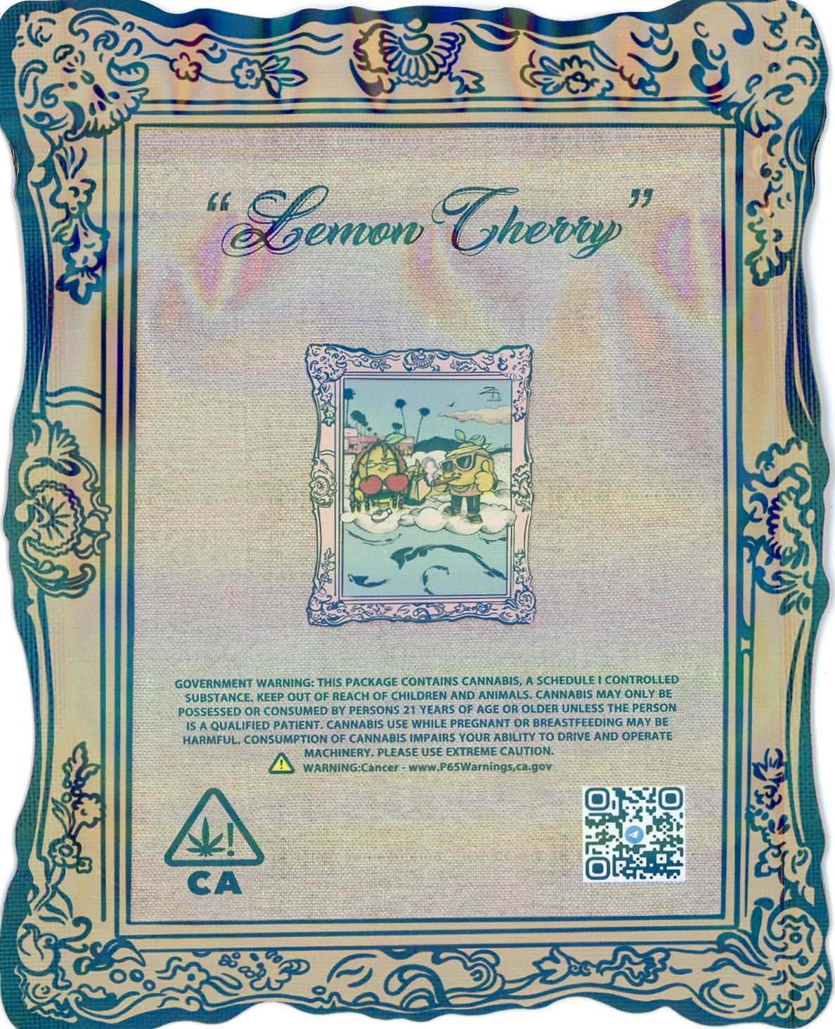 Lemon Cherry Mylar Bags 3.5g Grams Za Gallery DIE-CUT MYLAR BAG, HOLOGRAPHIC MYLAR BAG back