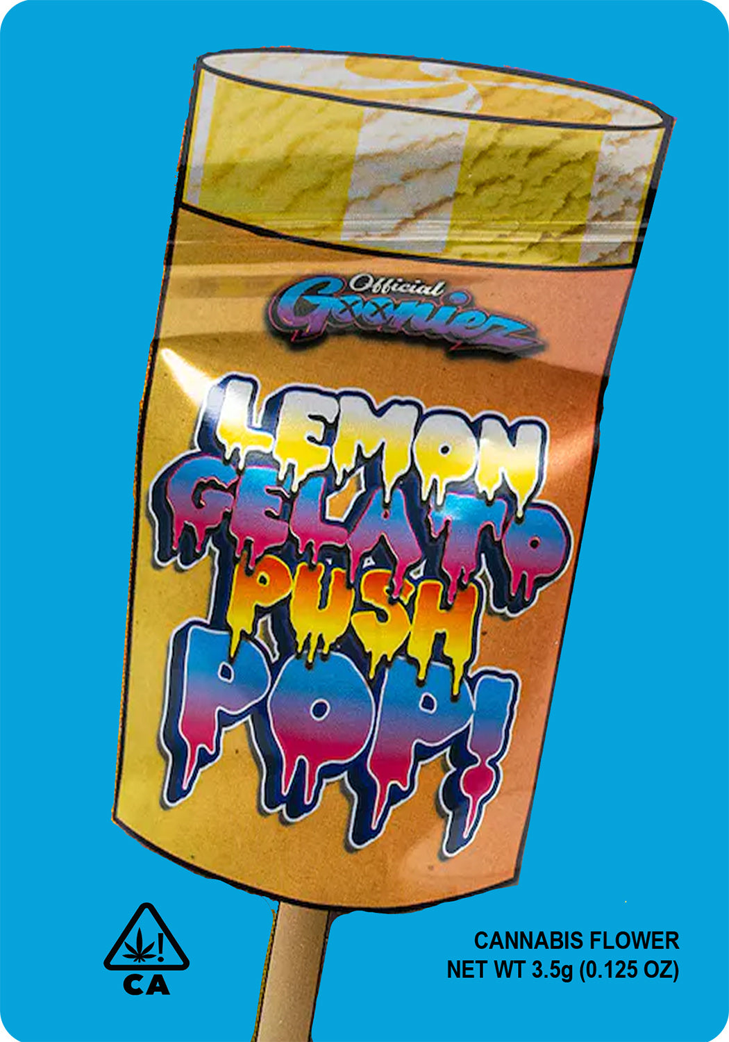 Lemon Gelato Push Pop Mylar Bags 1g Gram 3.5g Eighth 7g Quarter 28g Oz Ounce 112g Quarter Pound Gooniez Teds Budz Sticker Bag Fire Mylar