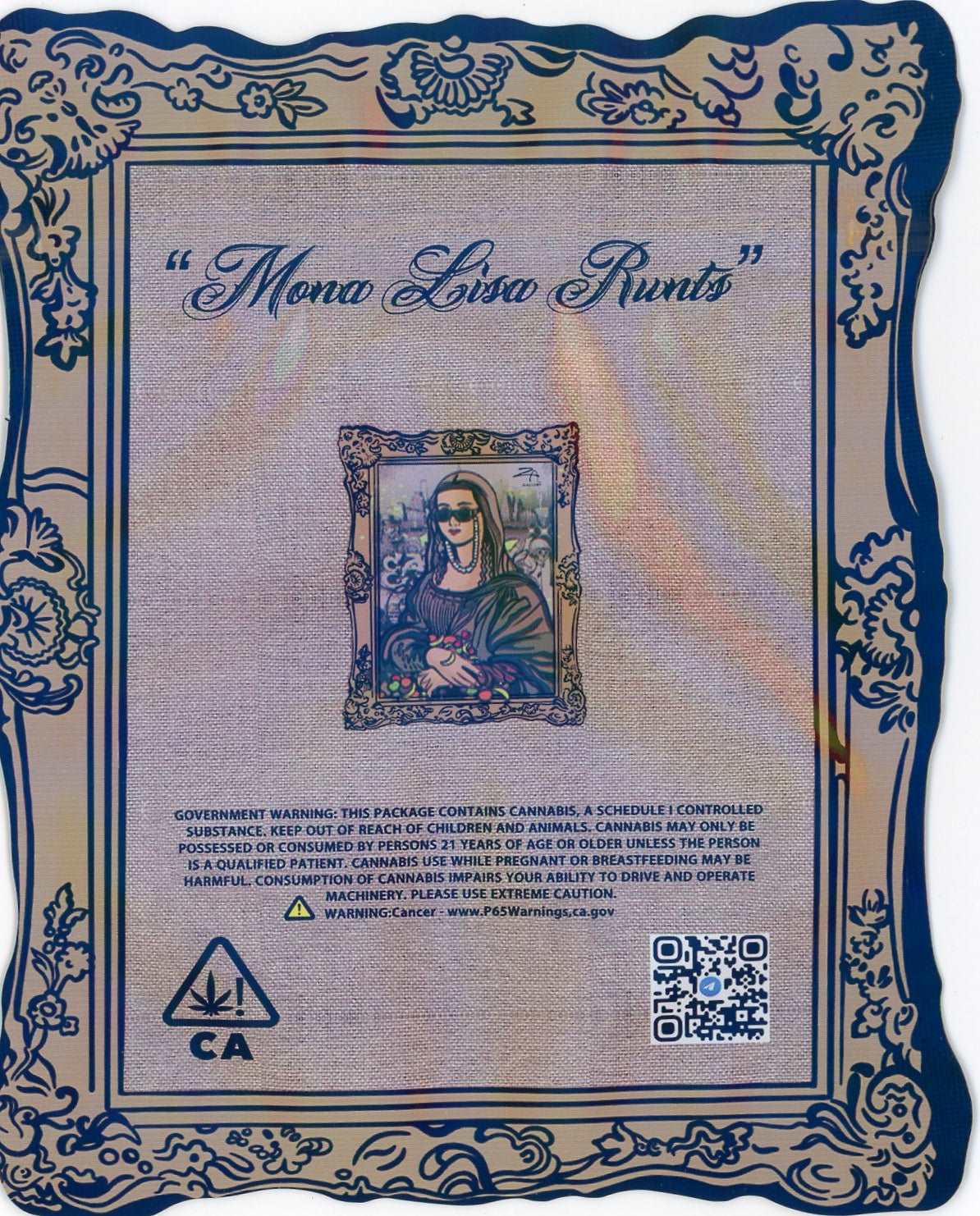 Mona Lisa Runtz Mylar Bags 3.5g Grams Za Gallery DIE-CUT MYLAR BAG, HOLOGRAPHIC MYLAR BAG back