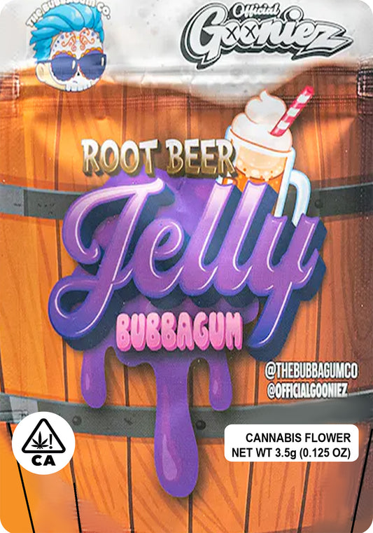 Root Beer Jelly Bubbagum Mylar Bags 1g Gram 3.5g Eighth 7g Quarter 28g Oz Ounce 112g Quarter Pound Gooniez The Bubbagum Co Teds Budz Sticker Bag Fire Mylar